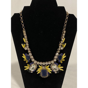 Chunky Gold Tone‎ Statement Necklace Blue Yellow and Clear Rhinestones